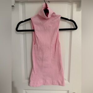 Pink Ribbed Sleeveless Turtleneck Top